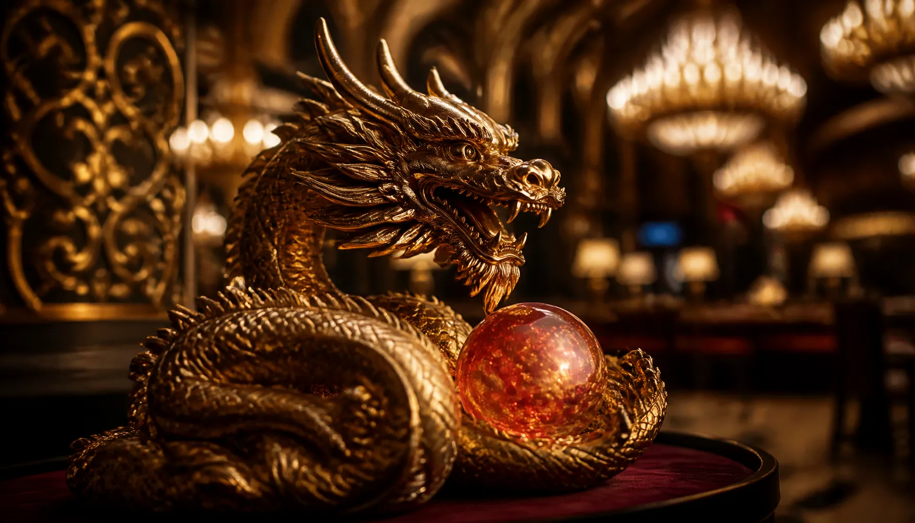 Cinematic close-up of iridescent dragon scale texture surrounding gleaming ancient gold coins in dramatic jewel-toned light