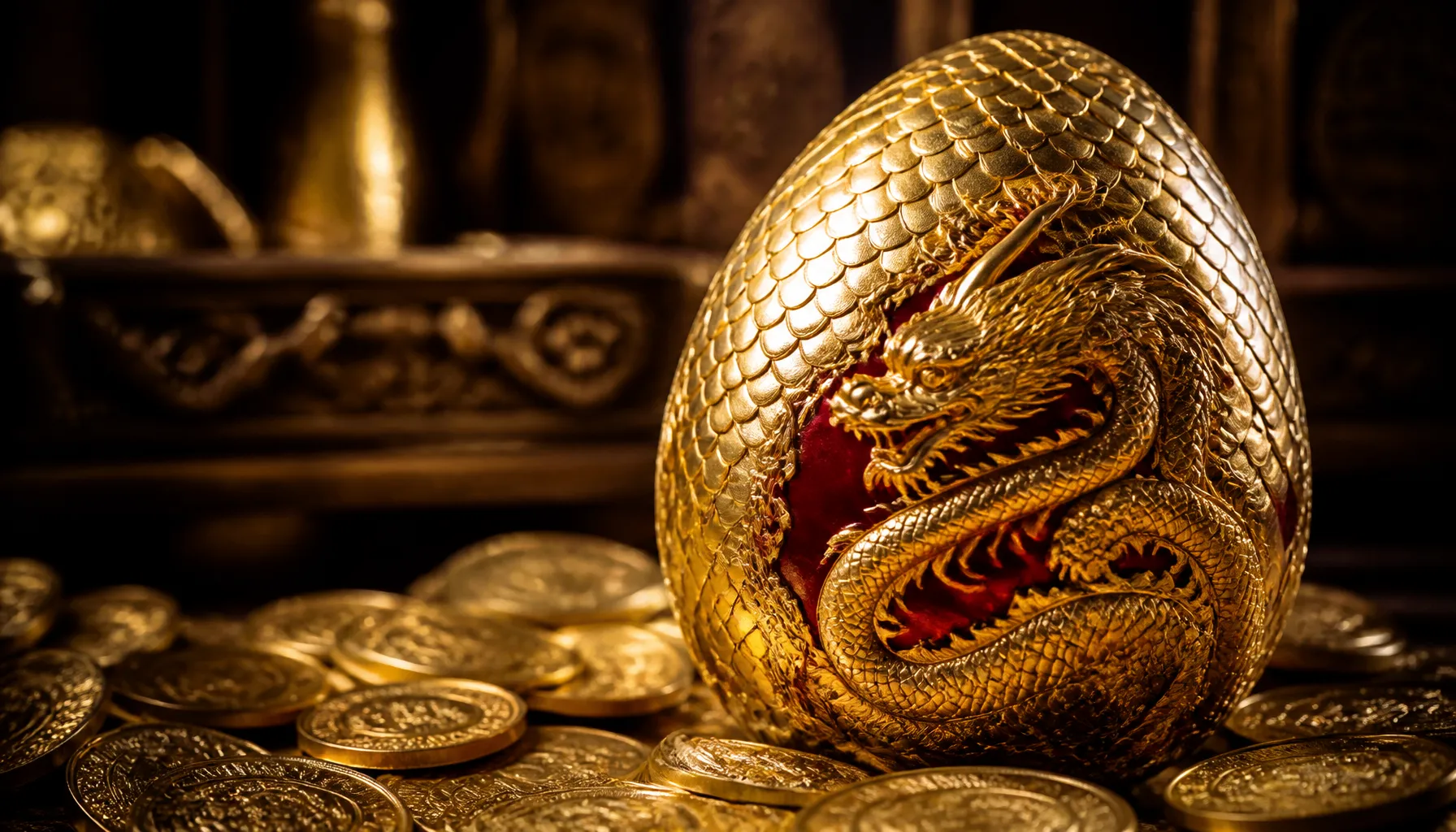 Cinematic close-up of iridescent dragon scale texture surrounding gleaming ancient gold coins in dramatic jewel-toned light